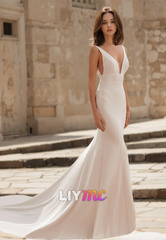 Customer Appreciation Sale V-Neck Straps Sleeveless Sleek Mermaid Wedding Dress