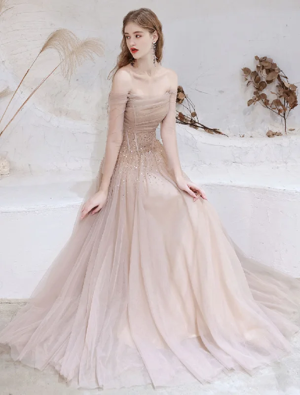 Huge Discounts Stunning Evening Dress Nude Color A Line Bateau Neck Floor Length Sequins Formal Party Dresses Pageant Dress