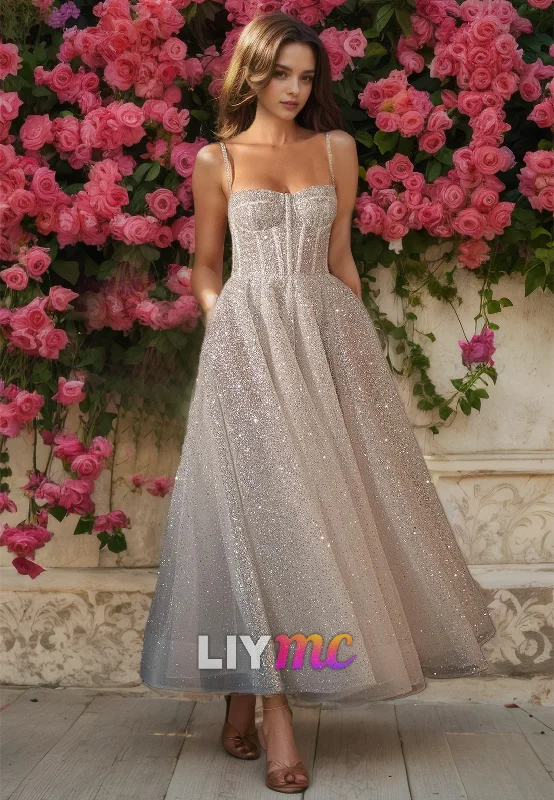 Markdowns Sparkly Sweetheart Spaghetti Straps Pleated A-Line Wedding Dress
