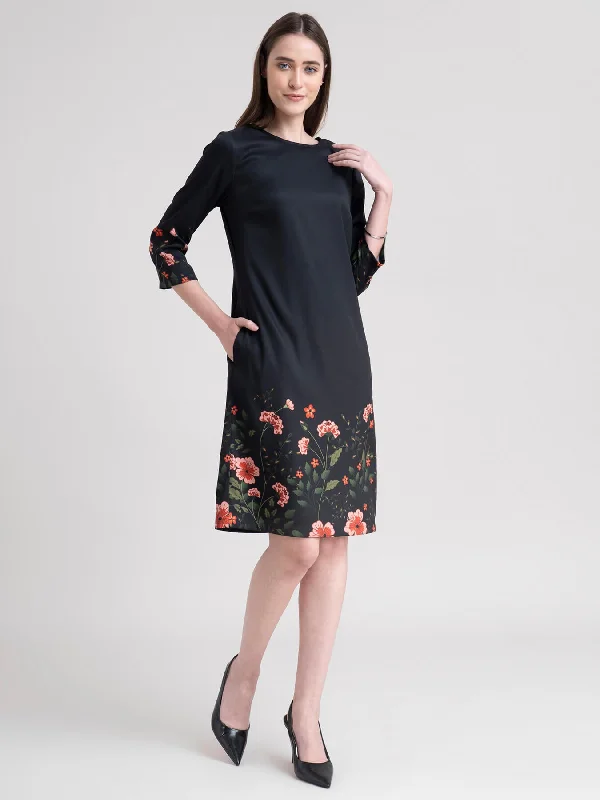 Seasonal Sale Round Neck Floral Print Shift Dress - Black And Green