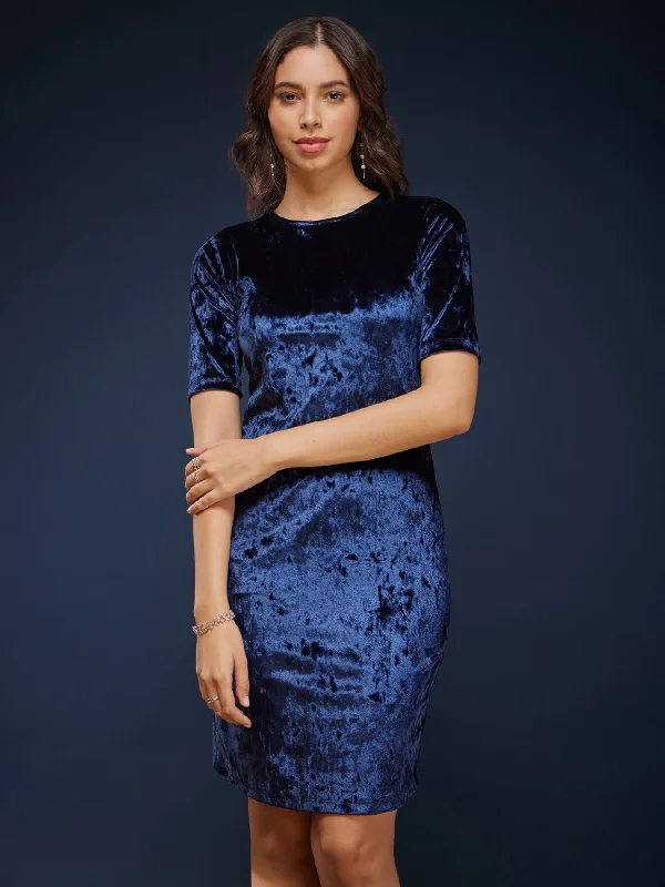 Bargain Blast Velvet Round Neck Shift Dress - Navy Blue