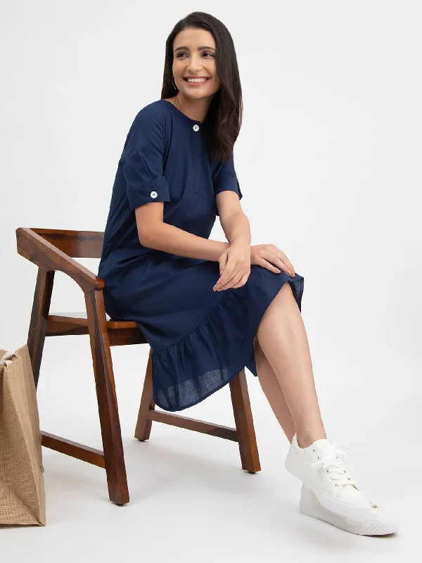 Flash Sale Linen Ruffle Detail Dress - Navy Blue