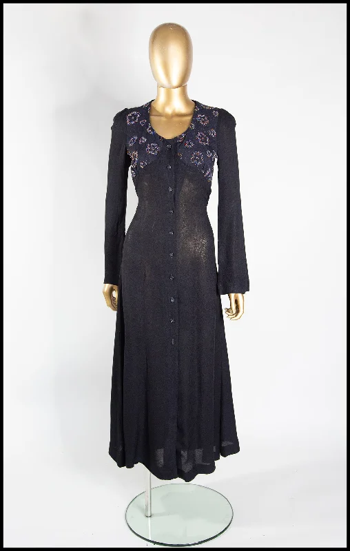 Vintage 1970s Black Beaded Moss Crepe Dress