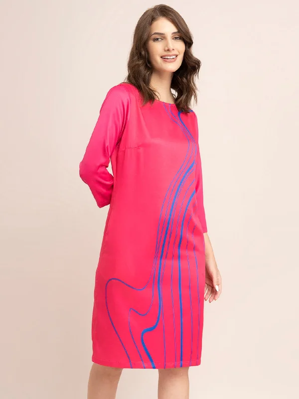 Stock Up and Save Satin Placement Print Shift Dress - Fuchsia And Blue