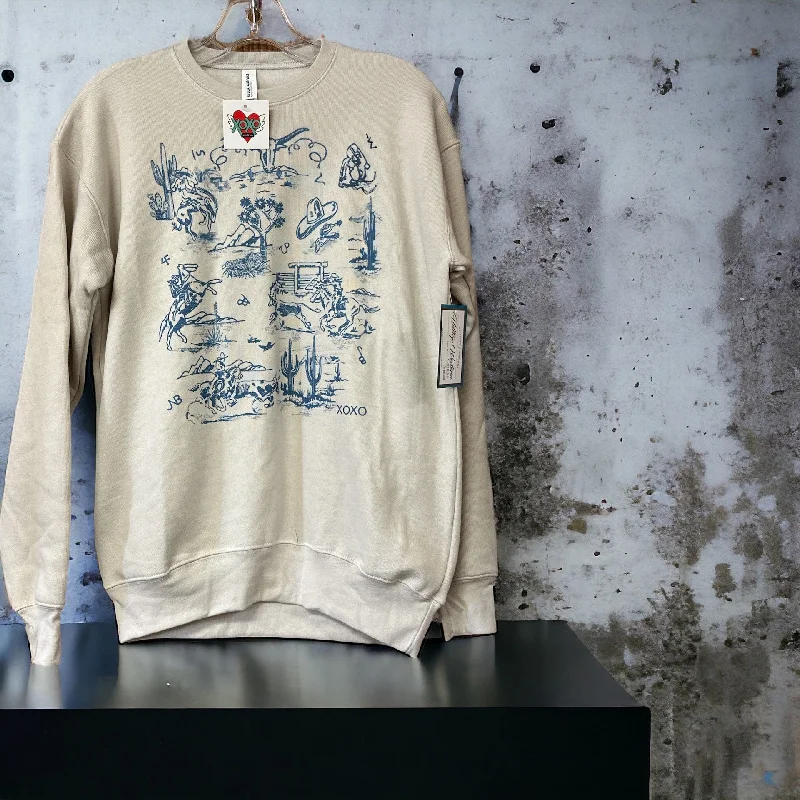 Hurry In Women's XOXO Art Crew Neck Sweatshirt-Western Toile Denim