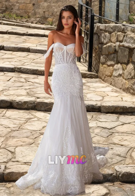 New Arrival Off-Shoulder Strapless Appliques Tulle Mermaid Wedding Dress