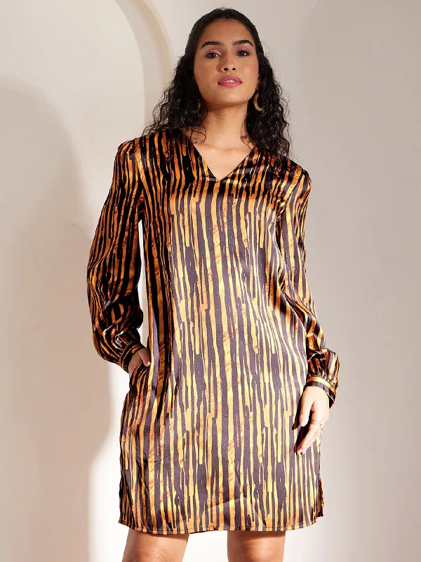 Crazy Deals Satin Abstract Print Dress - Black And Gold