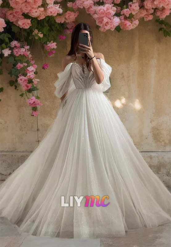 Deep Discounts Off-Shoulder Strapless Tulle A-Line Ball Gown Wedding Dress