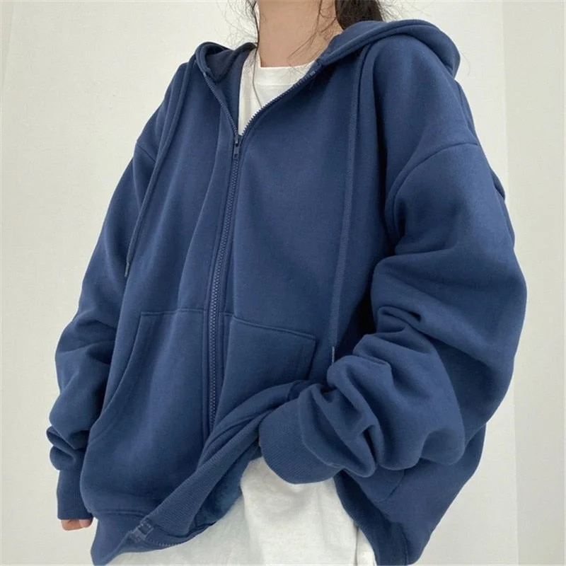 Women Hoodie Harajuku Korean Version Oversized Solid Color Zip Up Sweatshirt Female Casual Long Sleeve Pocket Hooded Coat Jacket