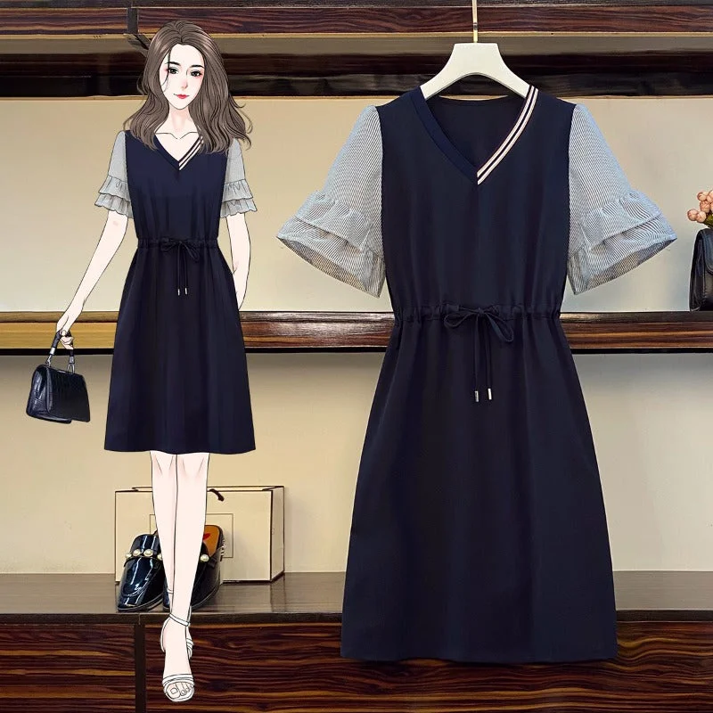 New Deals Plus Size Korean V Neck Bell Sleeve Dress
