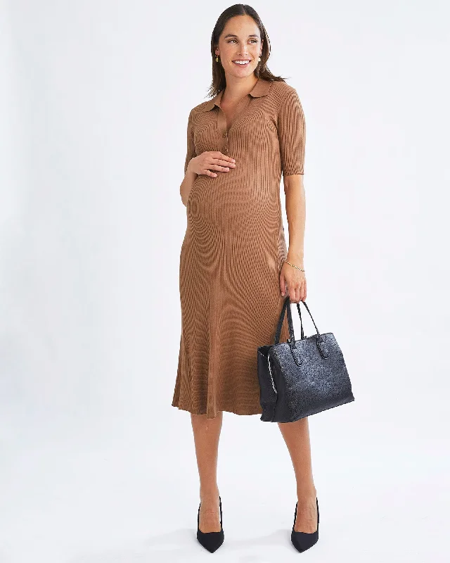 Exclusive Preview Elegance Knit Maternity Midi Dress in Camel