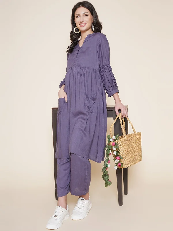Deal Dash Purple Maternity and Nursing Kurta with Palazzo Set