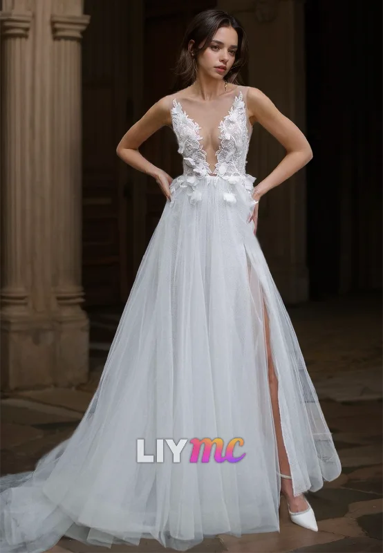 Warehouse Sale V-Neck Spaghetti Straps Floral Embellished Tulle A-Line Wedding Dress