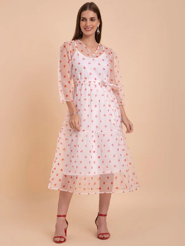 Flash Deals Organza Heart Print Tier Dress - White And Red