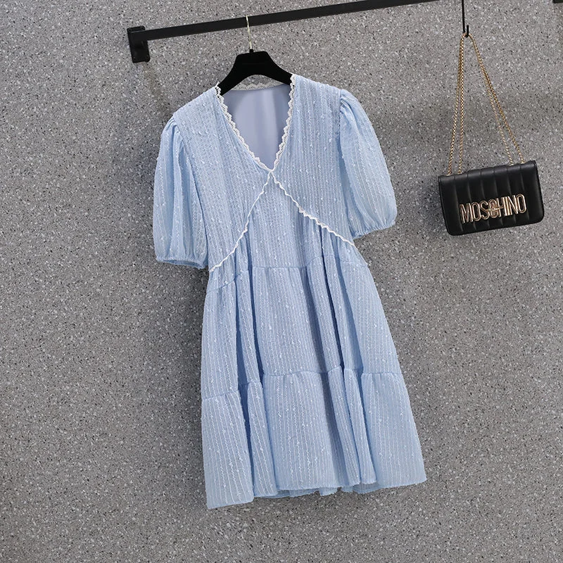 Extra Savings Plus Size Blue Babydoll Korean Dress