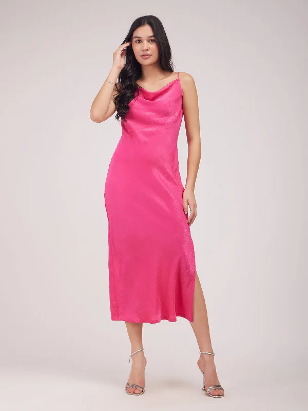 Now or Never Satin Cowl Neck Dress - Fuchsia