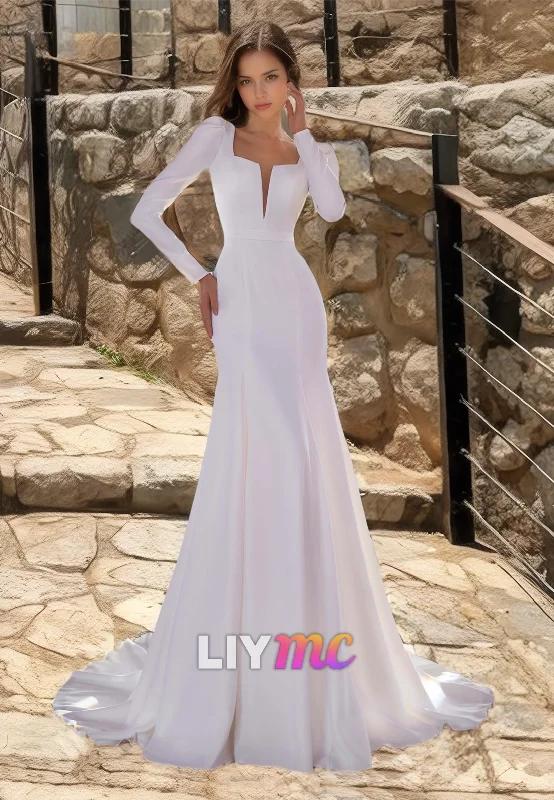 Don't Miss V-Neck Long Sleeves Sleek Satin Pleated Mermaid Wedding Dress
