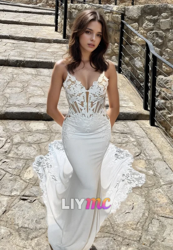 Big Discounts V-Neck Sleeveless Lace Appliques Mermaid Prom Dress