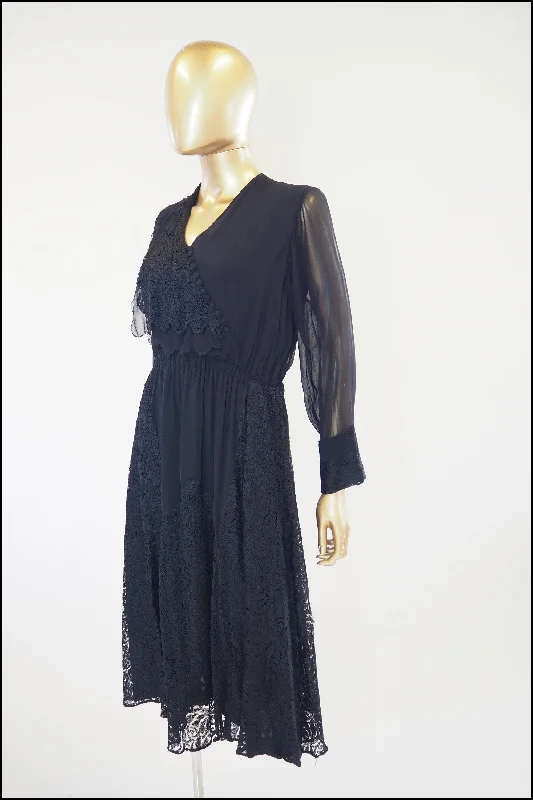 Vintage 1930s Black Chiffon Lace Dress