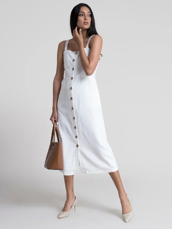 Savings Bonanza Button-Down Strap Midi Dress - White