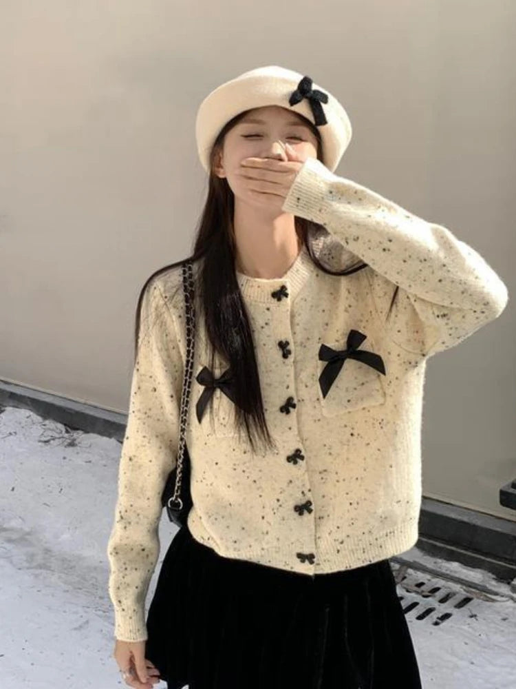 Znbbw Style Cardigan for Women Bow Patchwork Button Knit Short Coats Autumn Winter Sweaters Fashion Sweet Loose 2024 Clothing