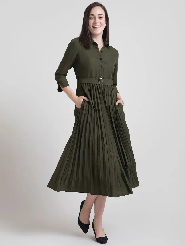 Epic Deals Collared Pleated Fit and Flare Dress - Olive