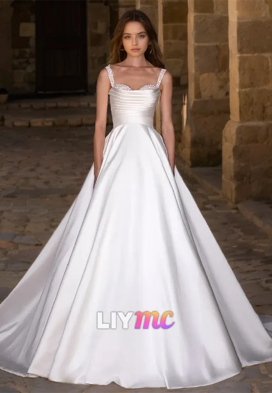 Special Price Sweetheart Straps Beaded Pleated Satin A-Line Wedding Dress