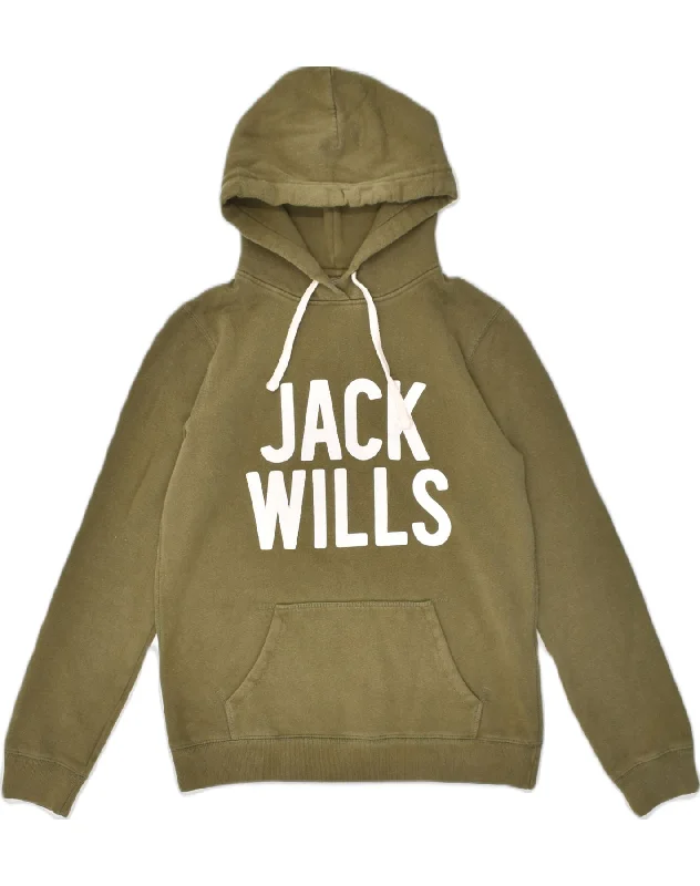 Limited Quantity JACK WILLS Womens Graphic Hoodie Jumper UK 10 Small  Khaki Cotton