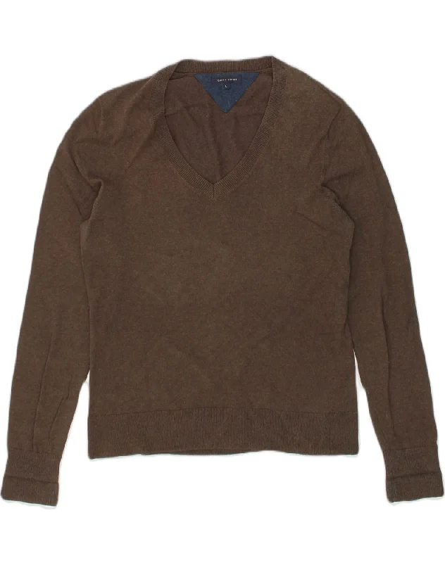 Weekend Special TOMMY HILFIGER Womens V-Neck Jumper Sweater UK 16 Large Brown Cotton