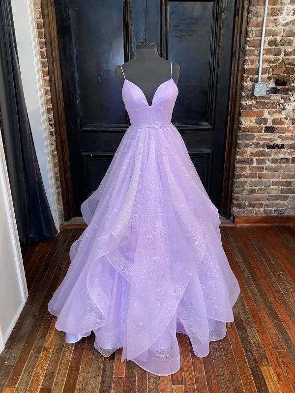 Price Buster Simple Purple Tulle Sequin Long Prom Dress, Purple Evening Dress