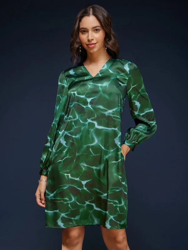 Big Discounts Satin Abstract Print Dress - Green