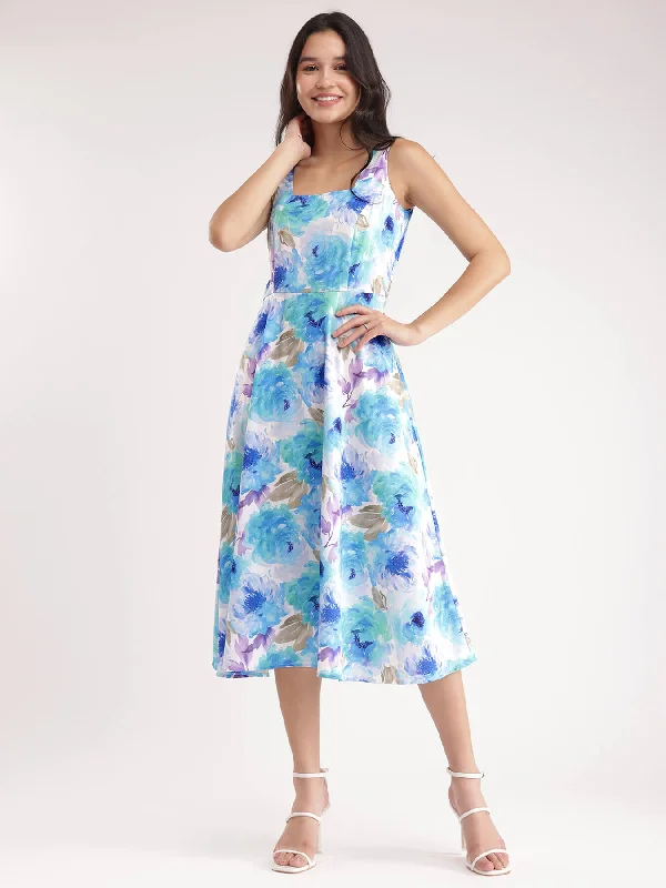 Markdowns Floral Fit And Flare Dress - Blue