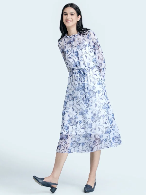 Today’s Deal Ruffle Detail Floral Sheer Dress With Tie Up - Blue