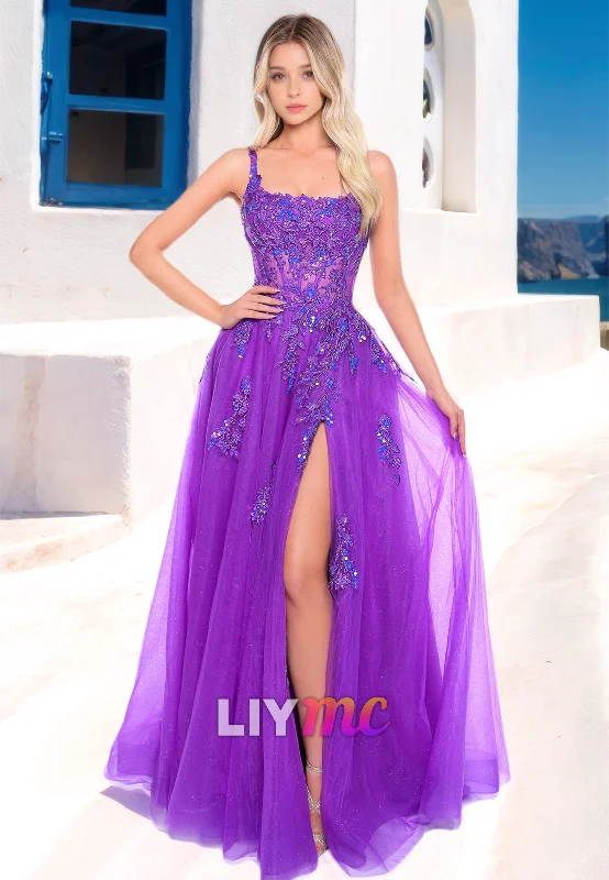 Instant Savings Square Straps Appliques Side Slit Ball Gown A-Line Prom Dress