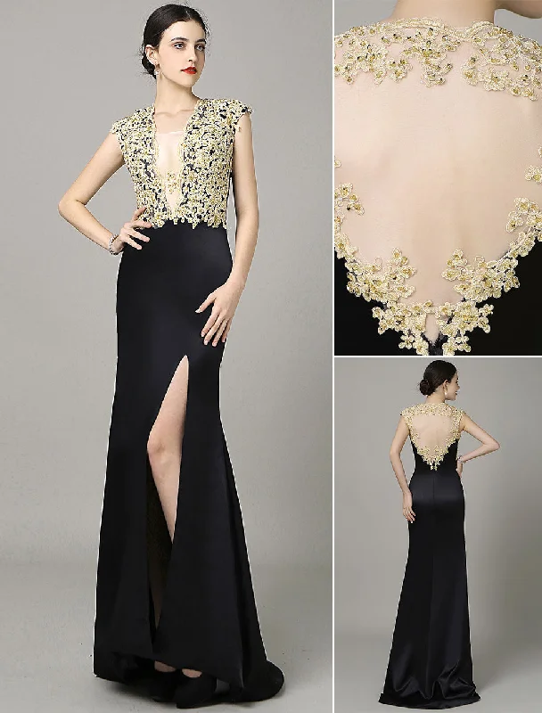 Price Blitz Amazing  Golden Lace Evening Dress Plunging Neck Satin Split Court Train Mermaid Dress Milanoo