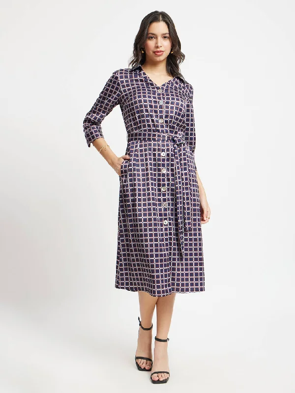 Don’t Miss Out Satin Shirt Dress - Navy And Maroon