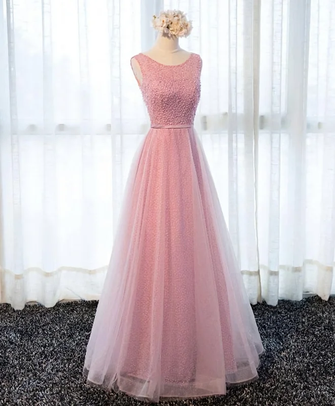 Price Drop A Line Round Neck Tulle Long Prom Dress, Lace Evening Dress