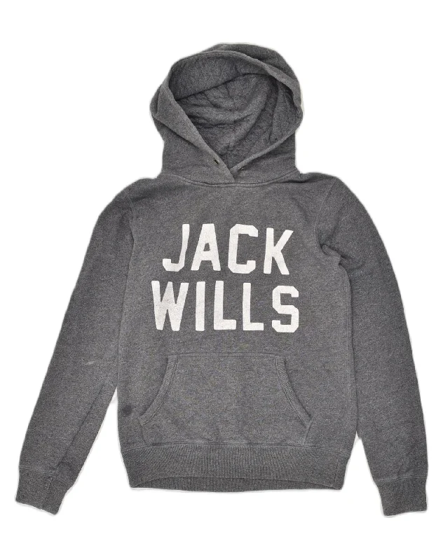 JACK WILLS Womens Graphic Hoodie Jumper UK 8 Small Grey Cotton