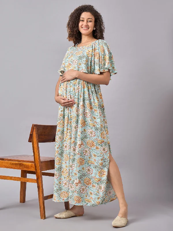 Price Drop Sky Blue Floral Maternity and Nursing Maxi Dress