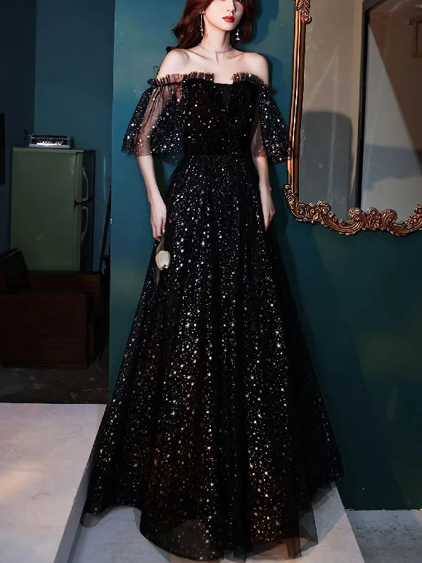 Deal Explosion Black Tulle Off Shoulder Tulle Long Prom Dress, Black Evening Dress