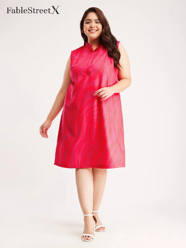 Price Meltdown Mandarin Collar Sleeveless Dress - Fuchsia And Orange