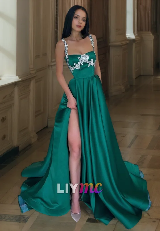 Deal Explosion Square Straps Appliques Beaded Pleaed Satin A-Line Prom Dress