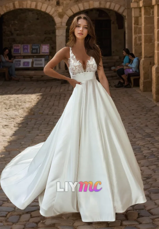 Sale Event V-Neck Straps Appliques Pleated Satin A-Line Wedding Dress