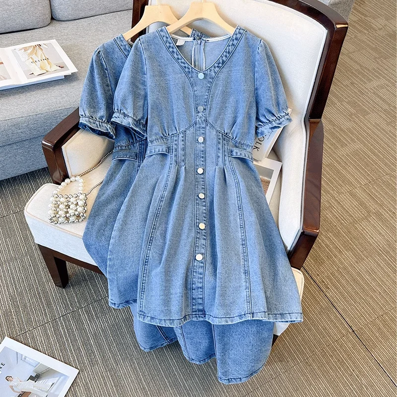 Bargain Prices Plus Size Denim V Neck Korean Dress