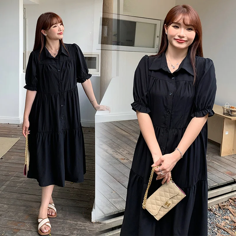 Plus Size Black Korean Babydoll Shirt Dress(Extra Big Size)