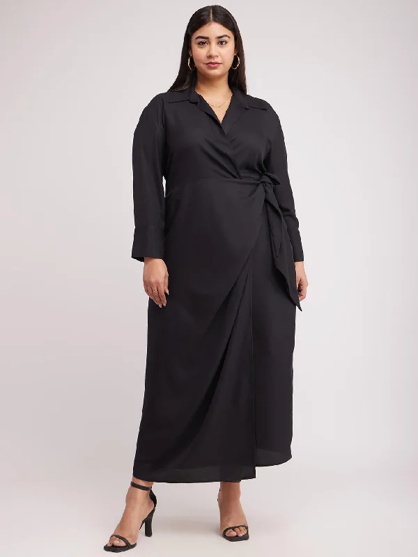 Special Discount Solid Maxi Wrap Dress - Black