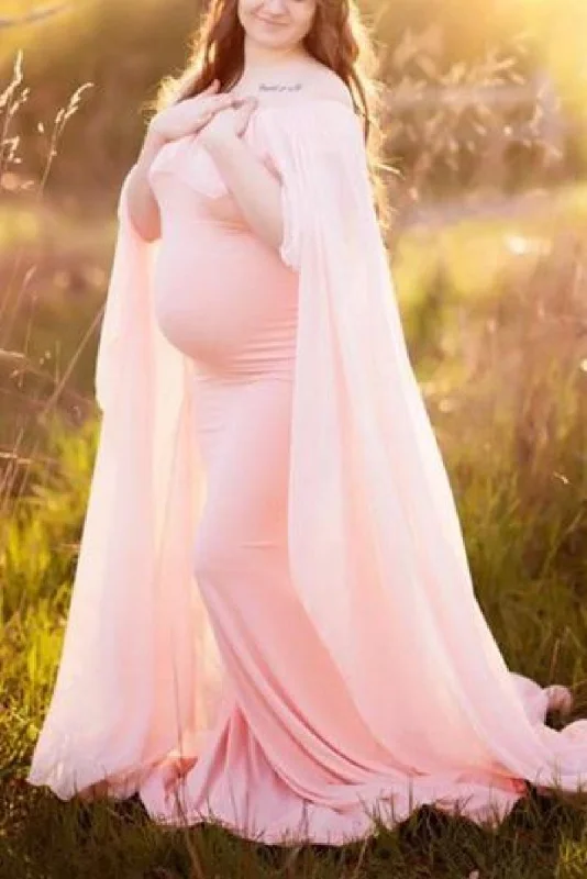 New Markdowns Custom Plus Size Shawl Ruffled Maternity Gown for Photoshoot