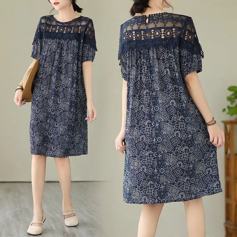 Price Smash Plus Size Lace Upper Navy Pattern Shift Dress
