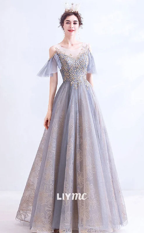 Act Now LP1887 - A-Line Scoop Neckline Gray Long Prom Dress, Tulle Lace Evening Dresses Act Now LP1887 - A-Line Scoop Neckline Gray Long Prom Dress, Tulle Lace Evening Dresses