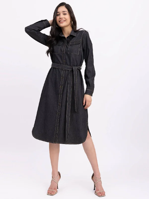 Super Bargain Denim Button Down Dress - Black